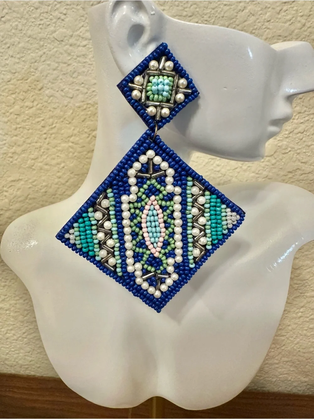 Boho Beaded Statement Earrings in Blue and Mint